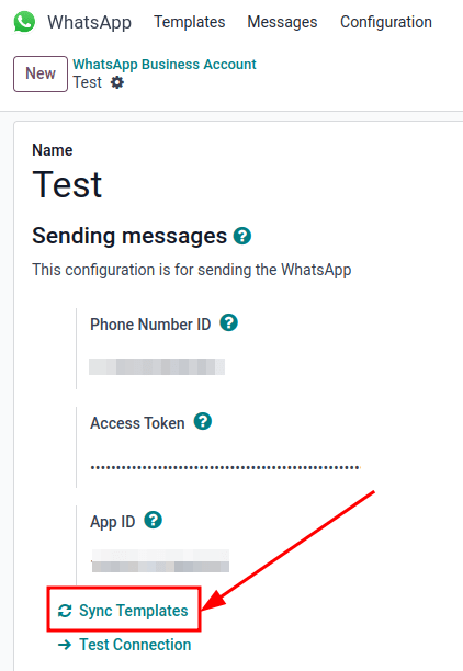 将 Meta WhatsApp 模板同步到 Odoo 数据库,并突出显示 '同步模板'。